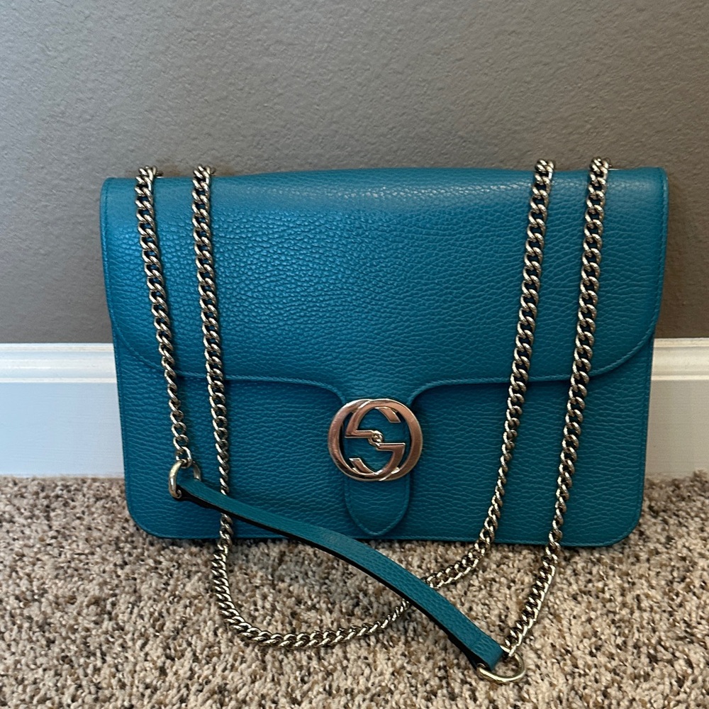 Gucci Blue Leather Dollar Calfskin Interlocking G Two-Way Bag with Chain
